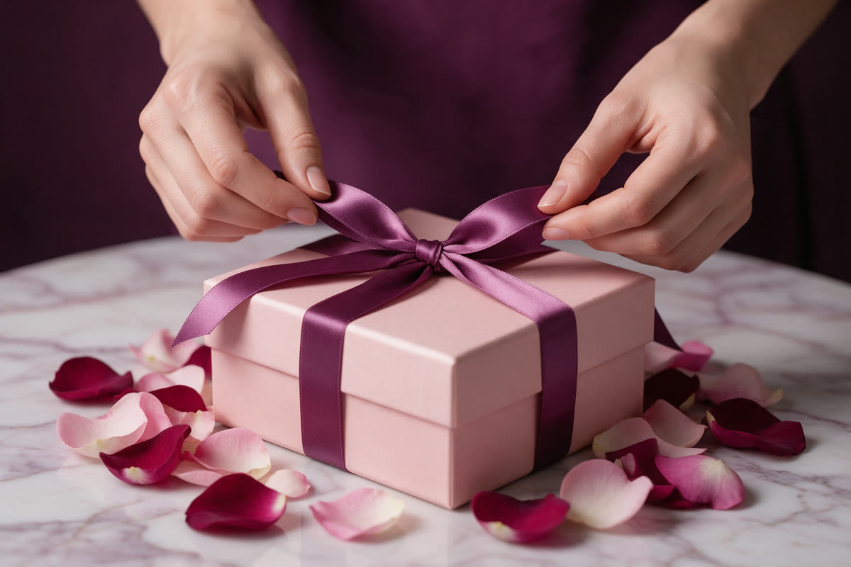 Hands tying a satin ribbon bow on a pink gift box on a marble table