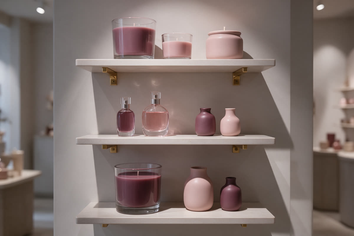 Boutique shelf with scented candles, perfume bottles and ceramic vases