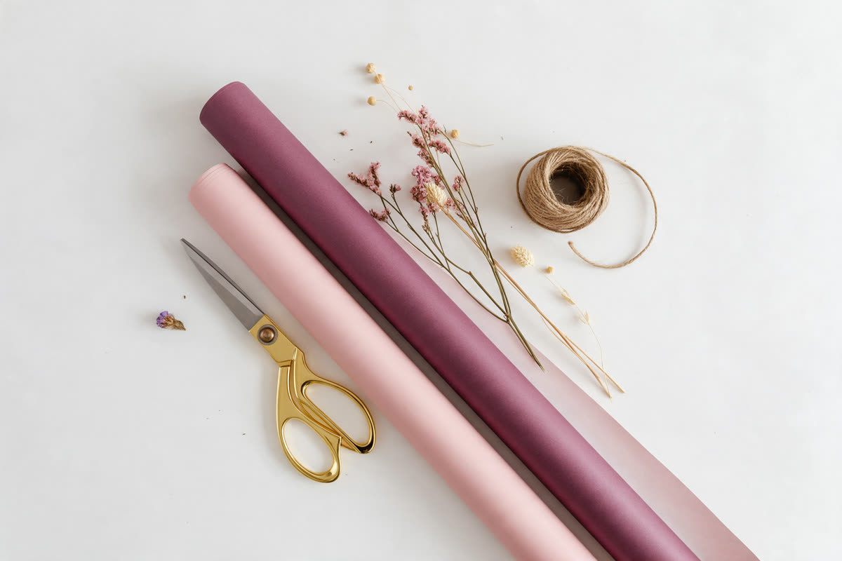 Rolls of pink wrapping paper, gold scissors and dried flowers on a white table